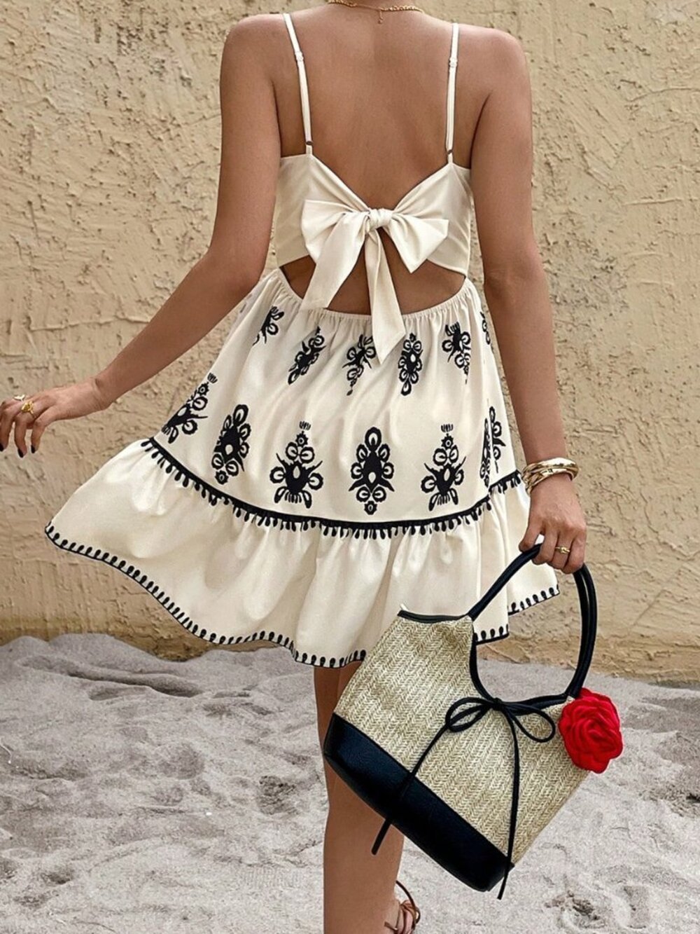 Multicolor Boho Women's Backless Mini Cami Dress with Bow - Picture 2 of 6